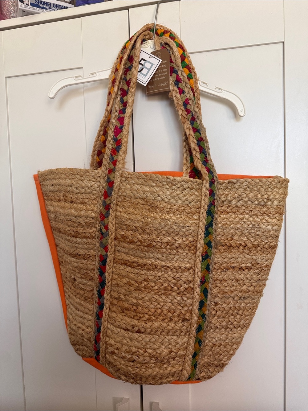 Handmade Woven Straw Tote with Orange Base and Tie-dyeMulticolor Braided Handles